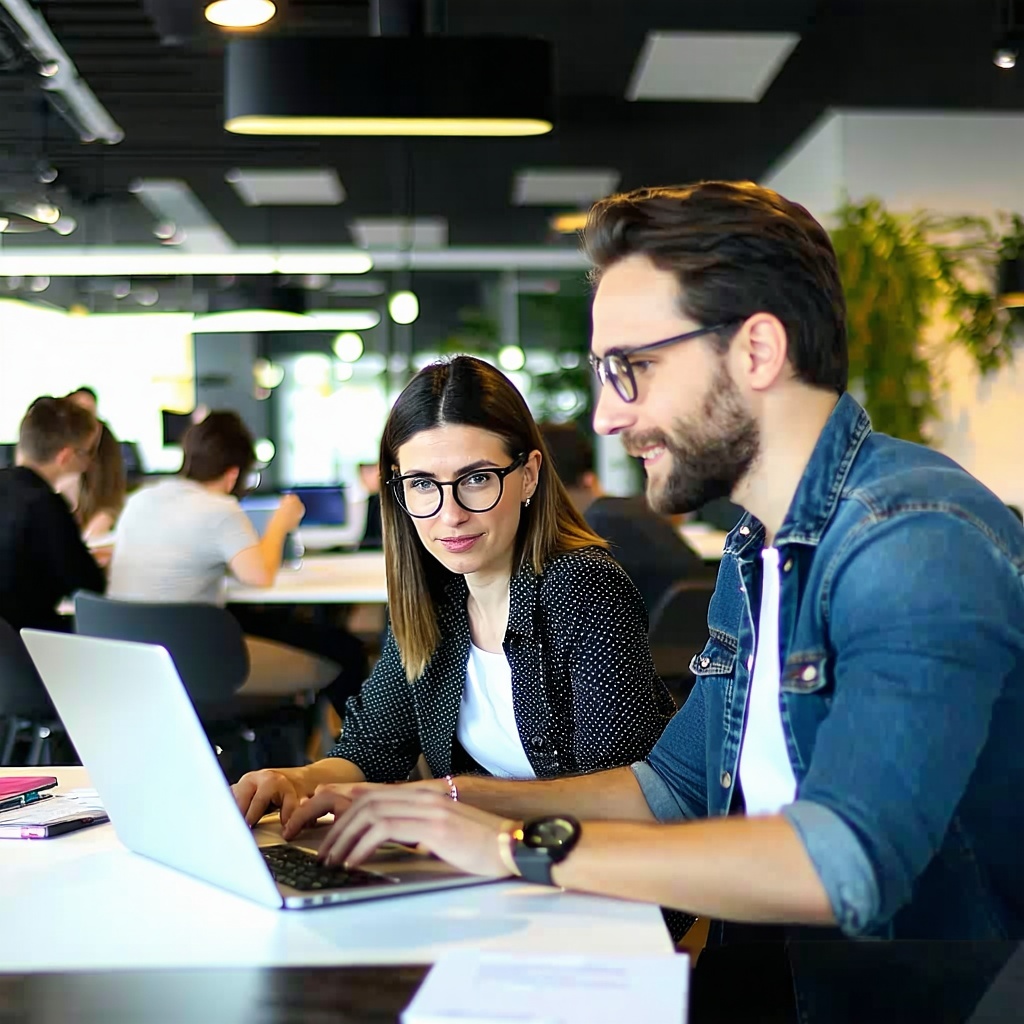 image of people working at an insurance agency collaborating around a laptop in an open busy setting of a modern coworking space