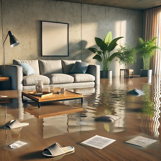 Flooded living room with scattered belongings depicting the aftermath of not following FNOL process flow