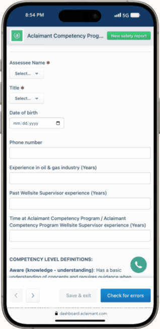 Oil and Gas Competency Assessment Mobile