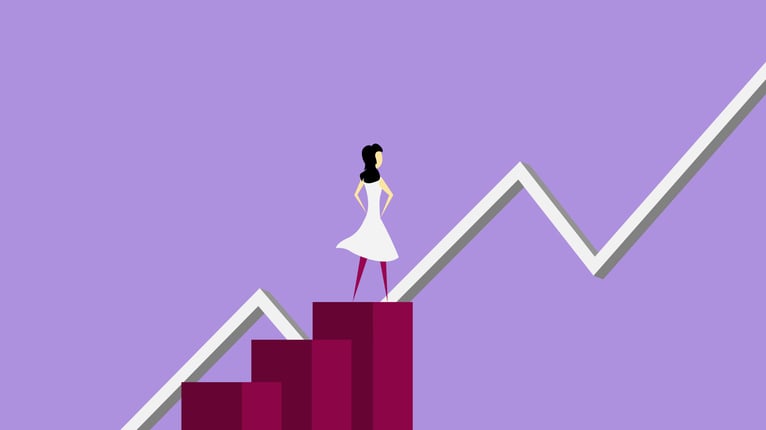 A girl on stairs with a success graph in behind indicating successful risk avoidance strategy 