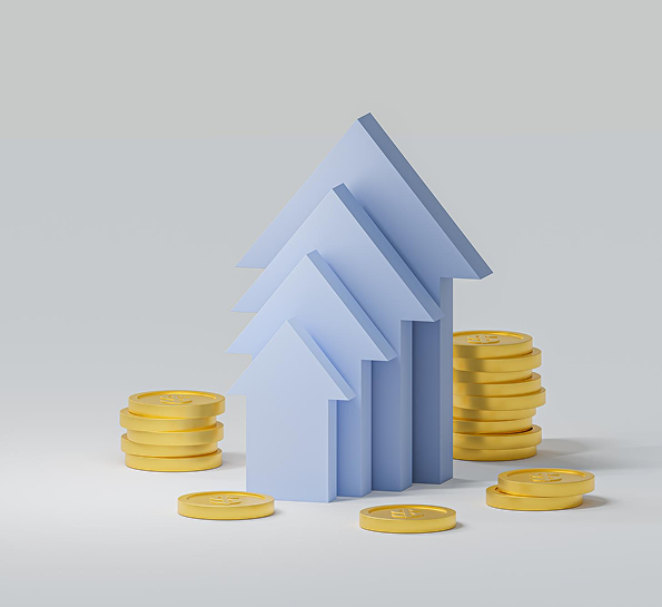 3D illustration of upward-pointing arrows surrounded by stacks of gold coins, symbolizing business growth and increased revenue through risk management in manufacturing industry