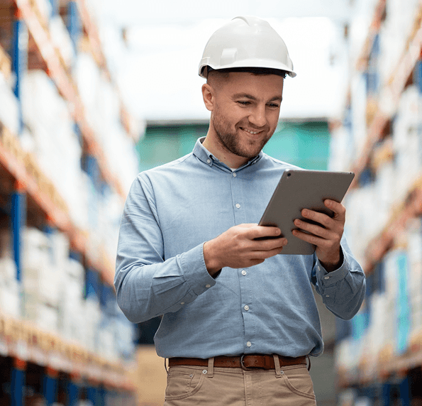 a man operating transportation risk management app on his tab